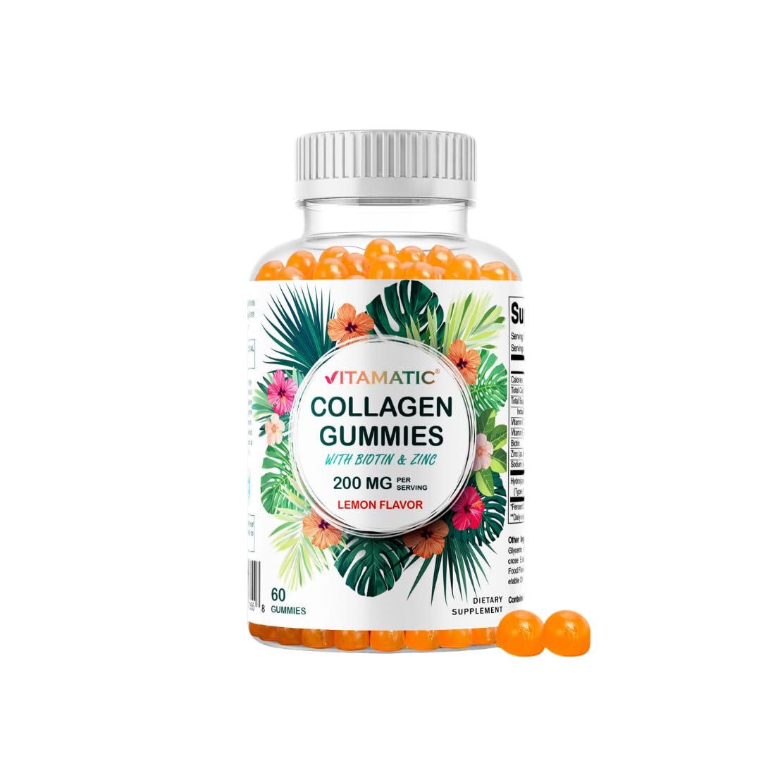 Vitamatic Hydrolyzed Collagen Gummis mit Vitamin C, Zink und Biotin, 200 mg – Gesunde Hautunterstützung – 60 Gummis