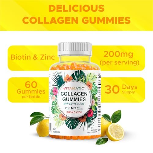 Vitamatic Hydrolyzed Collagen Gummis mit Vitamin C, Zink und Biotin, 200 mg – Gesunde Hautunterstützung – 60 Gummis