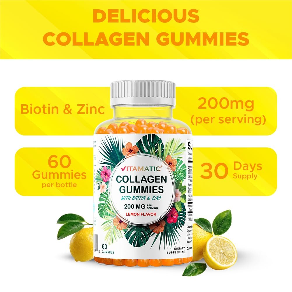 Vitamatic Hydrolyzed Collagen Gummis mit Vitamin C, Zink und Biotin, 200 mg – Gesunde Hautunterstützung – 60 Gummis