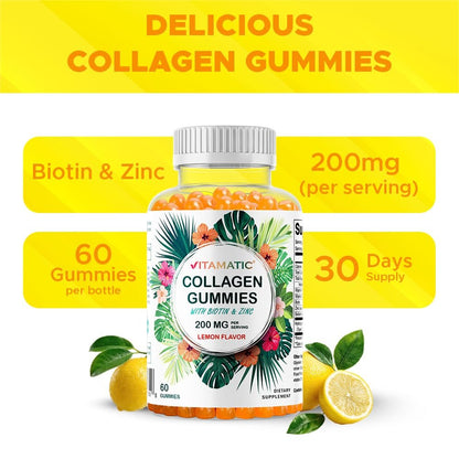 Vitamatic Hydrolyzed Collagen Gummis mit Vitamin C, Zink und Biotin, 200 mg – Gesunde Hautunterstützung – 60 Gummis