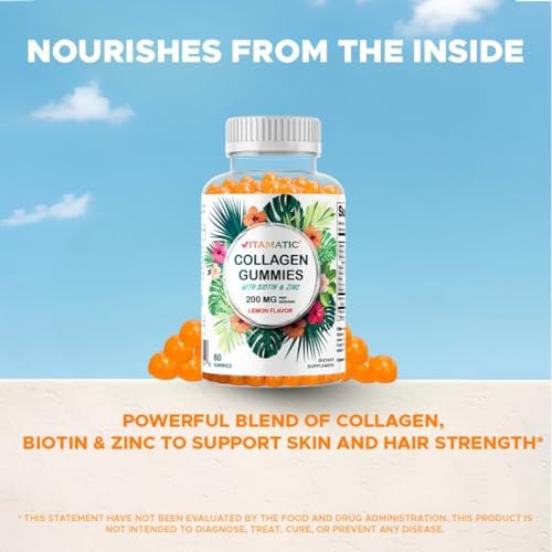Vitamatic Hydrolyzed Collagen Gummis mit Vitamin C, Zink und Biotin, 200 mg – Gesunde Hautunterstützung – 60 Gummis