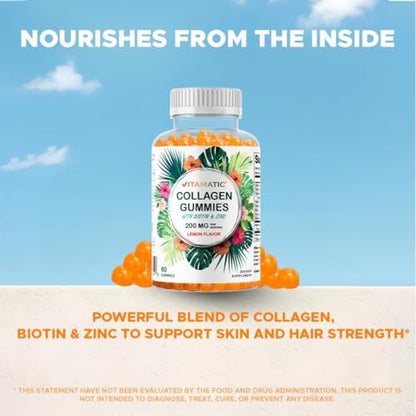 Vitamatic Hydrolyzed Collagen Gummis mit Vitamin C, Zink und Biotin, 200 mg – Gesunde Hautunterstützung – 60 Gummis