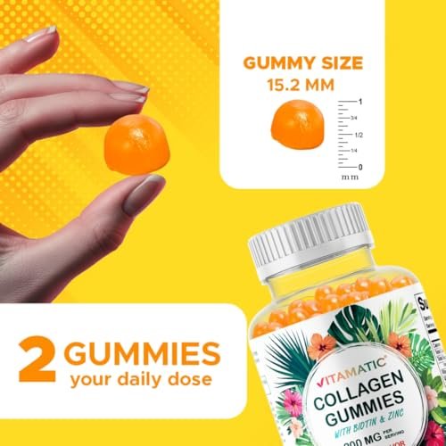 Vitamatic Hydrolyzed Collagen Gummis mit Vitamin C, Zink und Biotin, 200 mg – Gesunde Hautunterstützung – 60 Gummis