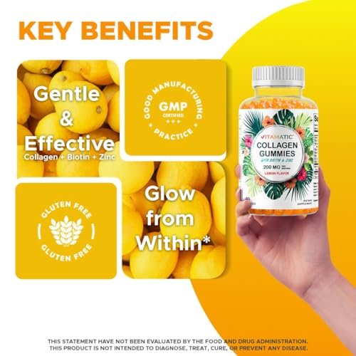 Vitamatic Hydrolyzed Collagen Gummis mit Vitamin C, Zink und Biotin, 200 mg – Gesunde Hautunterstützung – 60 Gummis