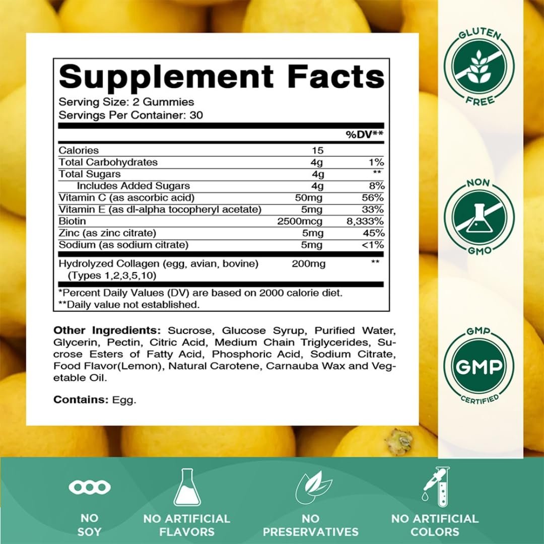 Vitamatic Hydrolyzed Collagen Gummis mit Vitamin C, Zink und Biotin, 200 mg – Gesunde Hautunterstützung – 60 Gummis