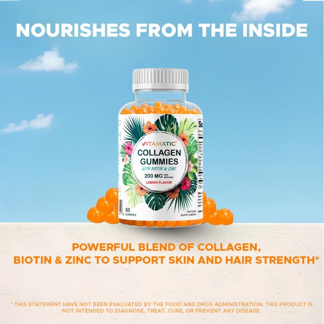 Vitamatic Hydrolyzed Collagen Gummis mit Vitamin C, Zink und Biotin, 200 mg – Gesunde Hautunterstützung – 60 Gummis