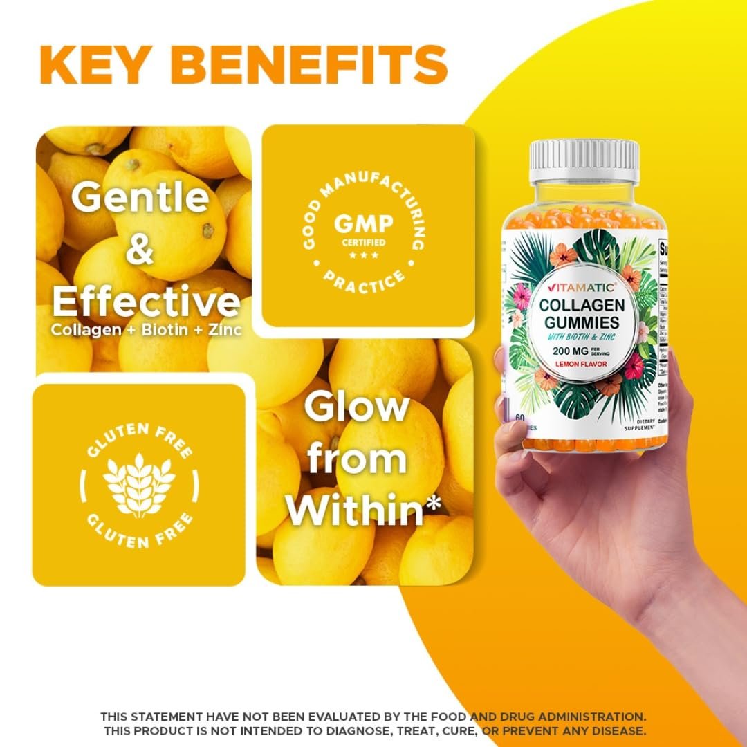 Vitamatic Hydrolyzed Collagen Gummis mit Vitamin C, Zink und Biotin, 200 mg – Gesunde Hautunterstützung – 60 Gummis