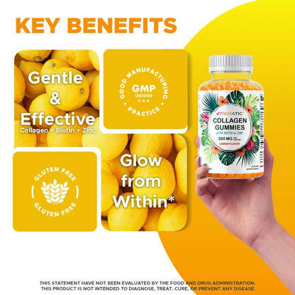 Vitamatic Hydrolyzed Collagen Gummis mit Vitamin C, Zink und Biotin, 200 mg – Gesunde Hautunterstützung – 60 Gummis
