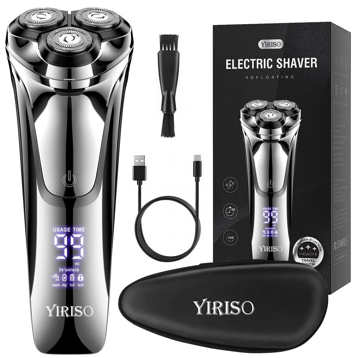 YIRISO Elektrorasierer für Männer, 90 Min langlebiger Rotationsrasierer mit 4D-Schwimmkopf & LCD-Display, Ultra glatt für empfindliche Haut, IPX6 wasserdicht, USB-C Schnellladung, mit Reiseetui - Ideales Geschenk