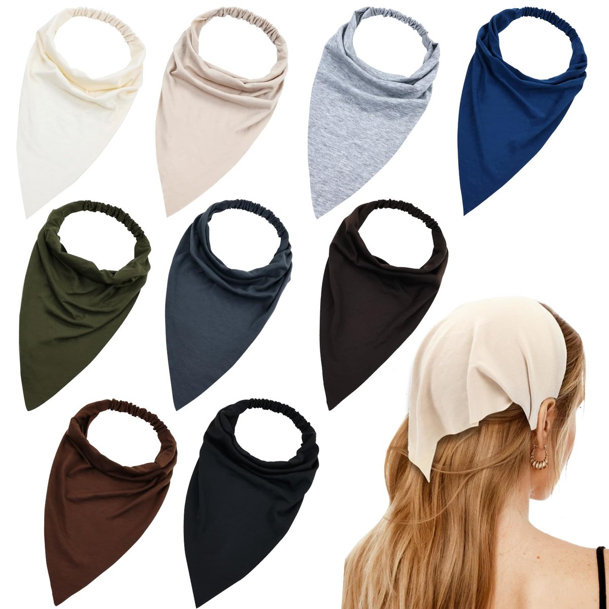 Lawie 9er-Pack Baumwoll-Tücher Dreieckstuch Elastisches Haarband Stirnband Halstuch Kopftuch für Damen