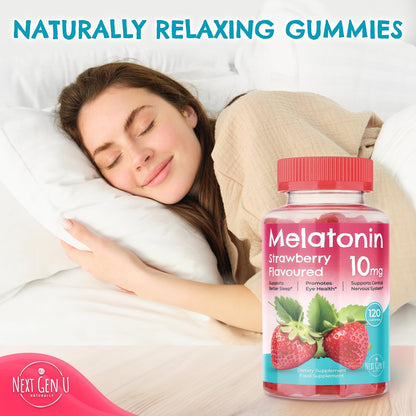 Melatonin Gummies 10 mg – Erdbeergeschmack – 120 vegane Gummibärchen – von NextGenU