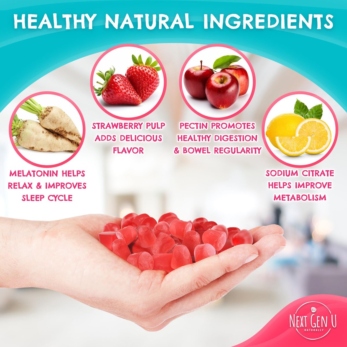 Melatonin Gummies 10 mg – Erdbeergeschmack – 120 vegane Gummibärchen – von NextGenU