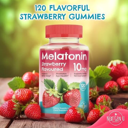 Melatonin Gummies 10 mg – Erdbeergeschmack – 120 vegane Gummibärchen – von NextGenU