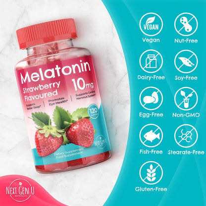 Melatonin Gummies 10 mg – Erdbeergeschmack – 120 vegane Gummibärchen – von NextGenU