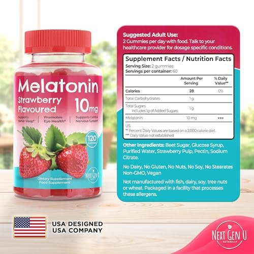 Melatonin Gummies 10 mg – Erdbeergeschmack – 120 vegane Gummibärchen – von NextGenU