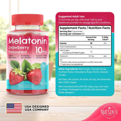 Melatonin Gummies 10 mg – Erdbeergeschmack – 120 vegane Gummibärchen – von NextGenU