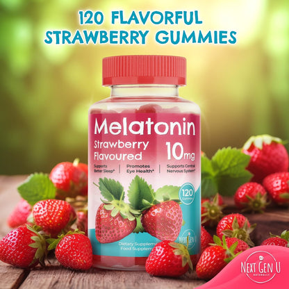 Melatonin Gummies 10 mg – Erdbeergeschmack – 120 vegane Gummibärchen – von NextGenU