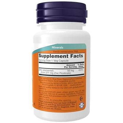 NOW Foods Zinkpicolinat 50 mg – 30 vegane Kapseln zur Unterstützung der Enzymfunktion und des Immunsystems