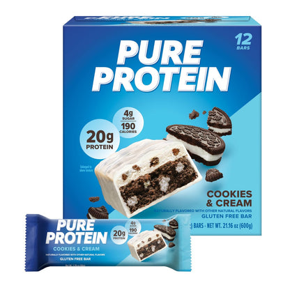 Pure Protein Proteinriegel Cookies and Cream – 20g Protein, 3g Zucker, 190 Kalorien (12er Pack) – zuckerarmer, glutenfreier Snack
