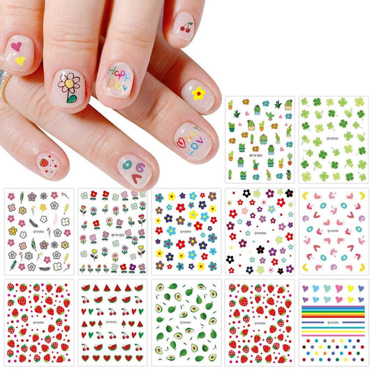 JMEOWIO 14 Blatt Süße Nagelsticker für Kinder – Nagelkunst Aufkleber, selbstklebend, Regenbogen, Blumen, Früchte, Nageldesign-Dekoration