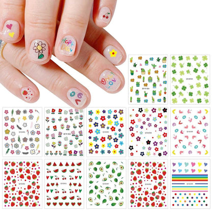 JMEOWIO 14 Blatt Süße Nagelsticker für Kinder – Nagelkunst Aufkleber, selbstklebend, Regenbogen, Blumen, Früchte, Nageldesign-Dekoration
