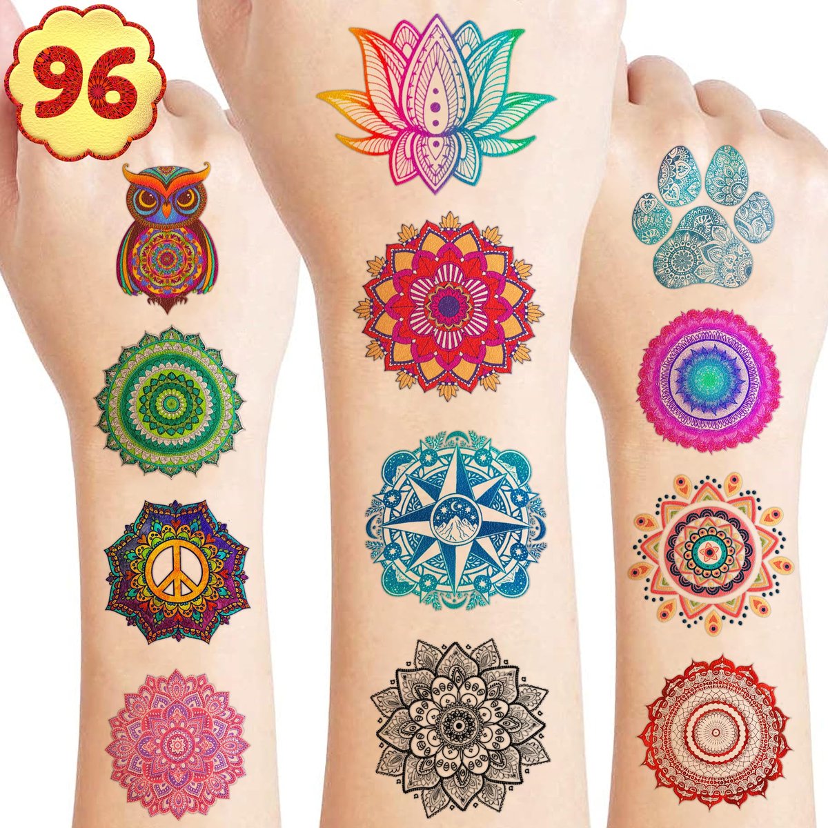 96er-Pack vorgeschnittene Mandala-Tattoos - Indische Dekorationen, temporäre Tattoos für Jungen und Mädchen, Geburtstagsparty-Zubehör