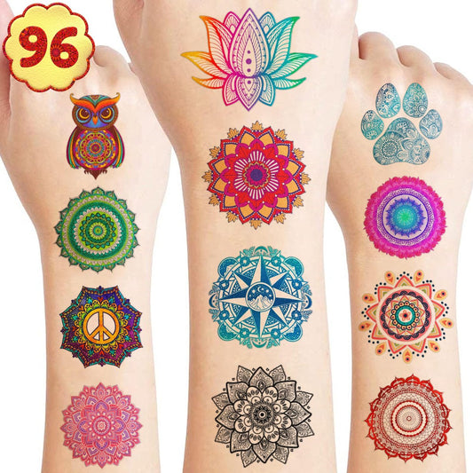 96er-Pack vorgeschnittene Mandala-Tattoos - Indische Dekorationen, temporäre Tattoos für Jungen und Mädchen, Geburtstagsparty-Zubehör