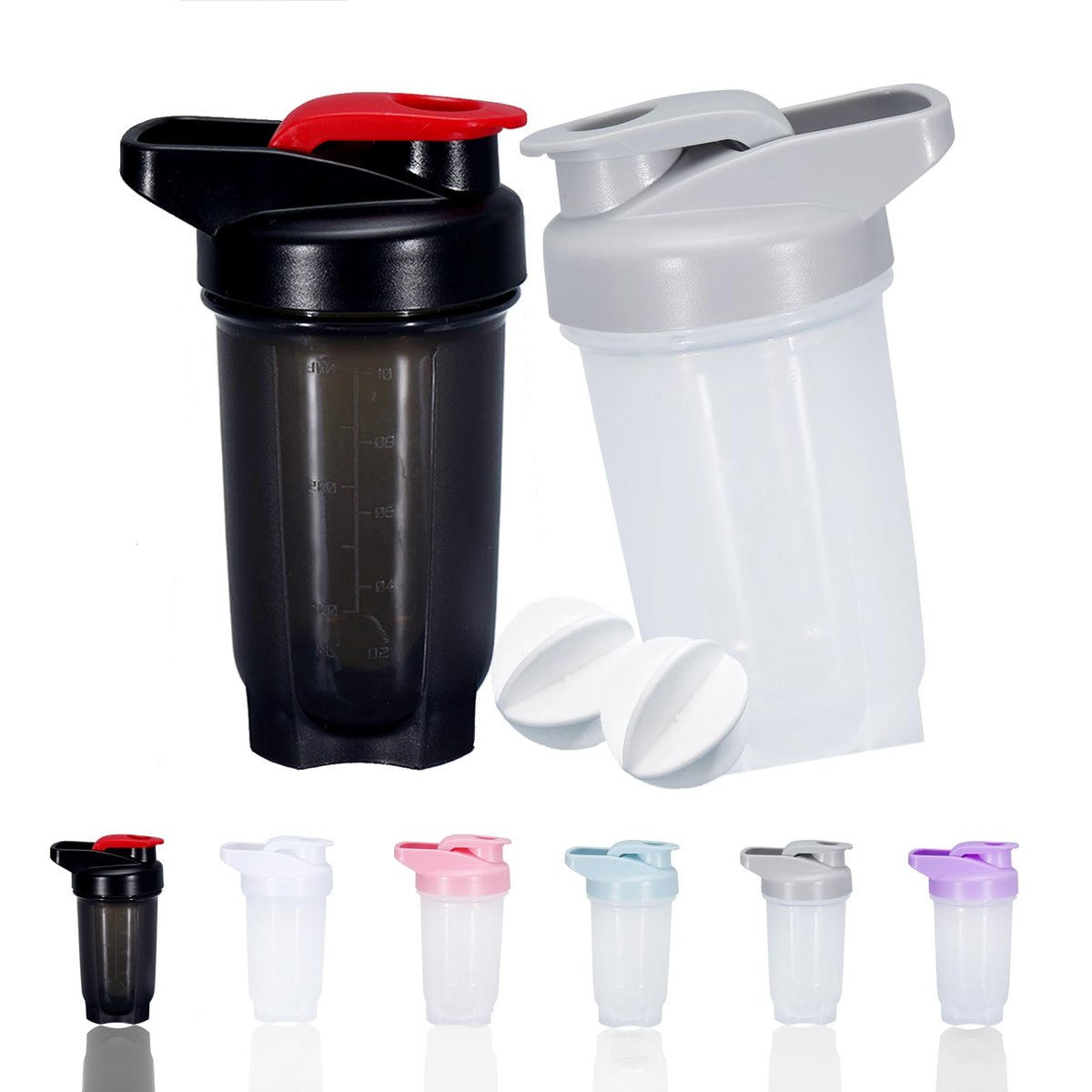 GAISHION Shaker-Flasche Protein Shakes Becher, 300 ml ShakerBottle mit Mixkugeln, Protein ShakerBottles Set, BPA-freies Plastik (Schwarz+Grau, 2 Stück)