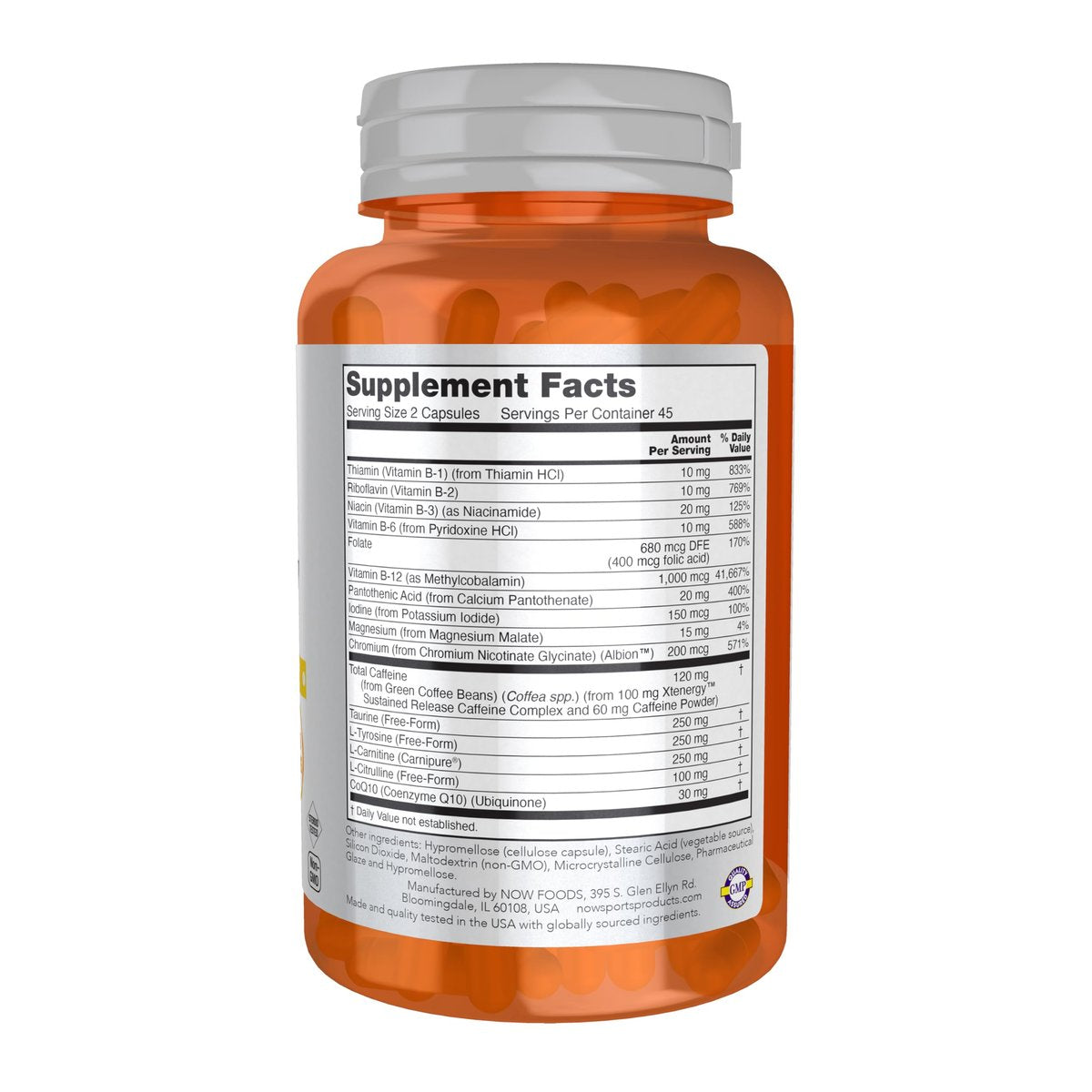 NOW Foods Sports, Anhaltende Energie & mentale Klarheit, Koffein mit B-Vitaminen, 90 vegane Kapseln