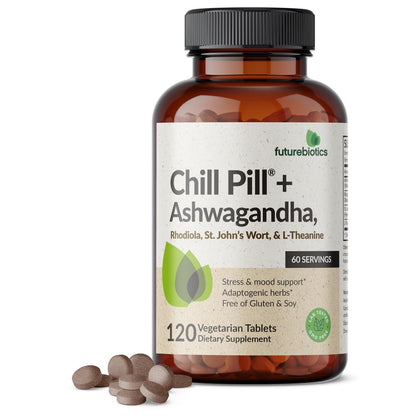 Futurebiotics Chill Pill + Ashwagandha, Rhodiola, Johanniskraut & L-Theanin – 120 vegane Tabletten, Non-GMO