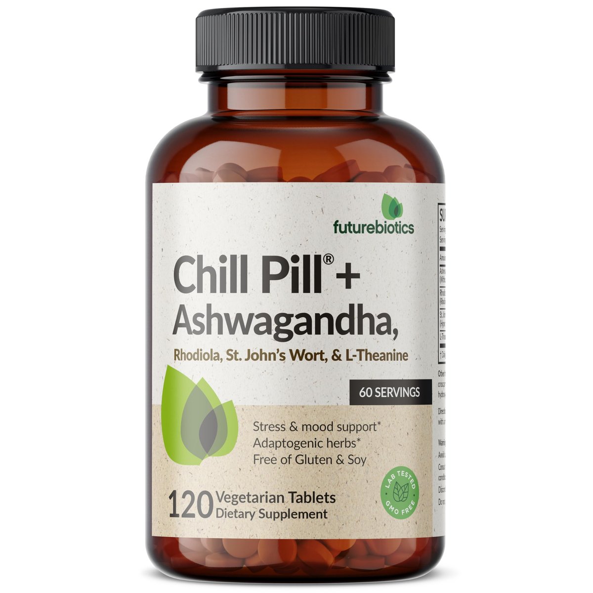 Futurebiotics Chill Pill + Ashwagandha, Rhodiola, Johanniskraut & L-Theanin – 120 vegane Tabletten, Non-GMO