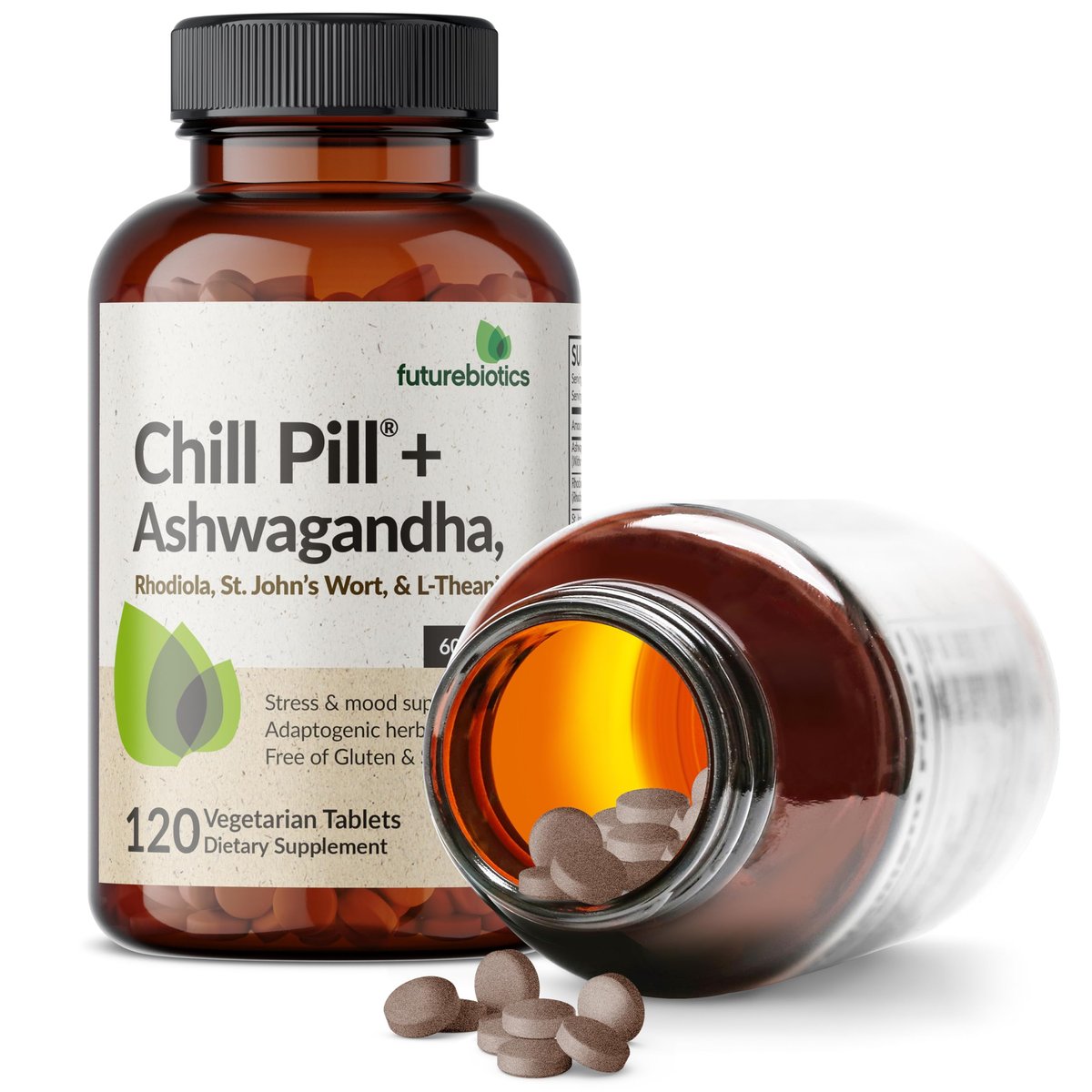 Futurebiotics Chill Pill + Ashwagandha, Rhodiola, Johanniskraut & L-Theanin – 120 vegane Tabletten, Non-GMO