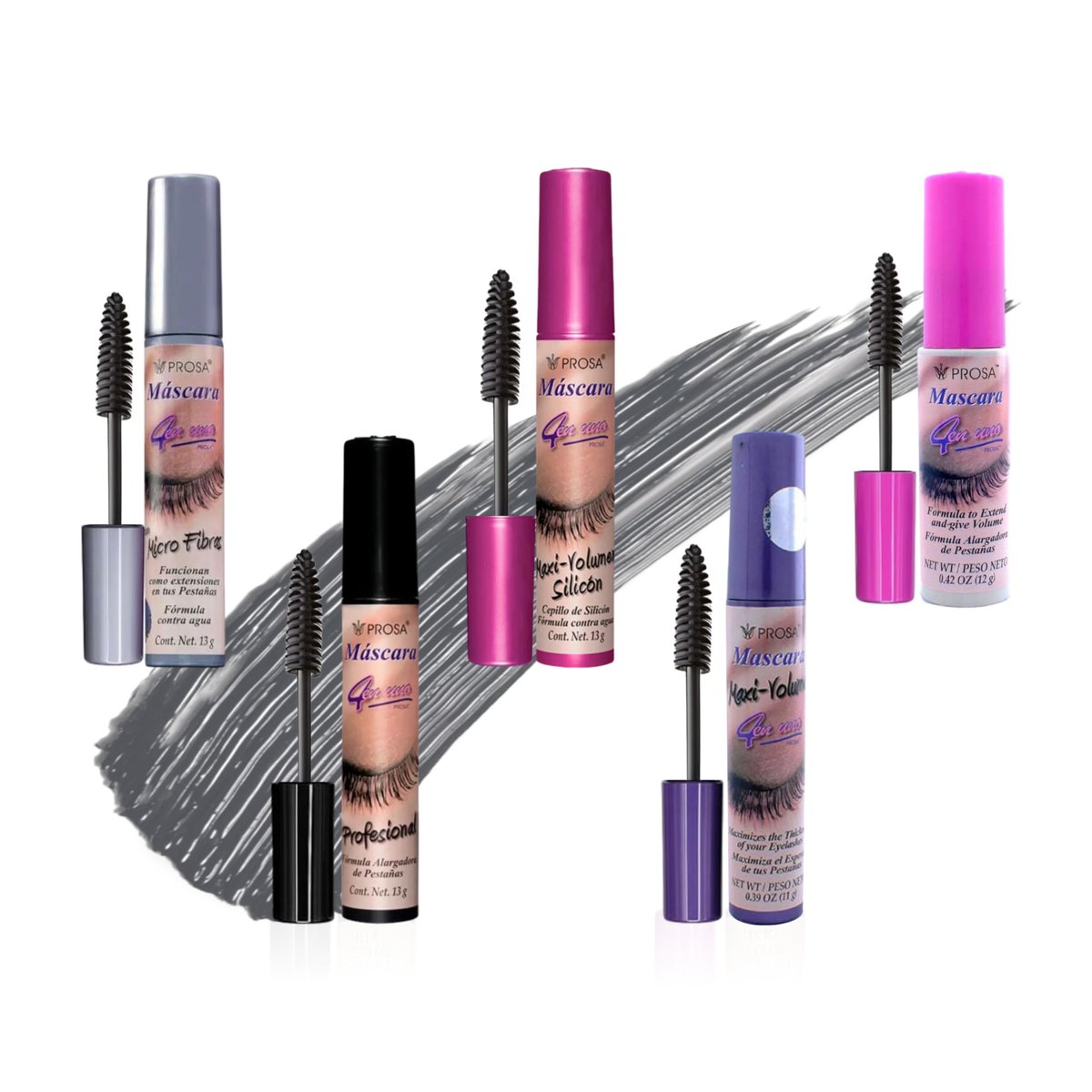 Prosa Mascara Professional Collection für verstärktes Volumen, komplette Wimpernlänge, tiefes Ebonyschwarz und anhaltenden Glamour den ganzen Tag, Packung mit 5