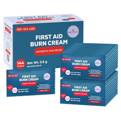 Erste-Hilfe-Brandcreme-Päckchen, Box mit 144, Brandsalbe mit Lidocain und Benzalkoniumchlorid für kleine Schürfwunden, Schnitte und Hautreizungen, für Zuhause und medizinische Hautpflege