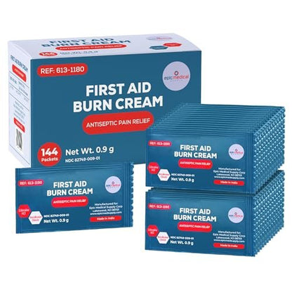 Erste-Hilfe-Brandcreme-Päckchen, Box mit 144, Brandsalbe mit Lidocain und Benzalkoniumchlorid für kleine Schürfwunden, Schnitte und Hautreizungen, für Zuhause und medizinische Hautpflege