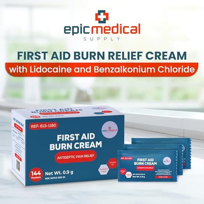Erste-Hilfe-Brandcreme-Päckchen, Box mit 144, Brandsalbe mit Lidocain und Benzalkoniumchlorid für kleine Schürfwunden, Schnitte und Hautreizungen, für Zuhause und medizinische Hautpflege