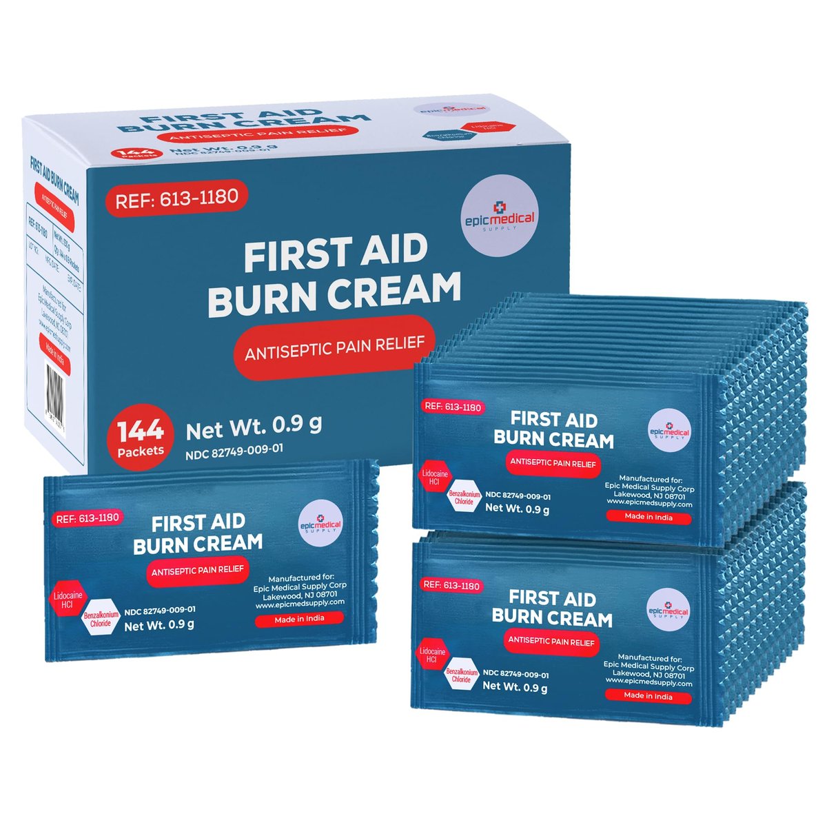 Erste-Hilfe-Brandcreme-Päckchen, Box mit 144, Brandsalbe mit Lidocain und Benzalkoniumchlorid für kleine Schürfwunden, Schnitte und Hautreizungen, für Zuhause und medizinische Hautpflege