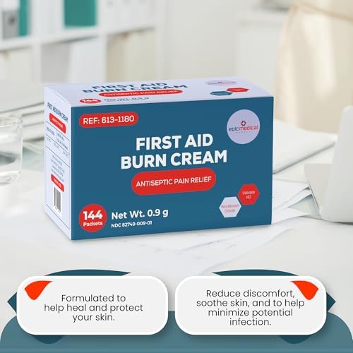 Erste-Hilfe-Brandcreme-Päckchen, Box mit 144, Brandsalbe mit Lidocain und Benzalkoniumchlorid für kleine Schürfwunden, Schnitte und Hautreizungen, für Zuhause und medizinische Hautpflege