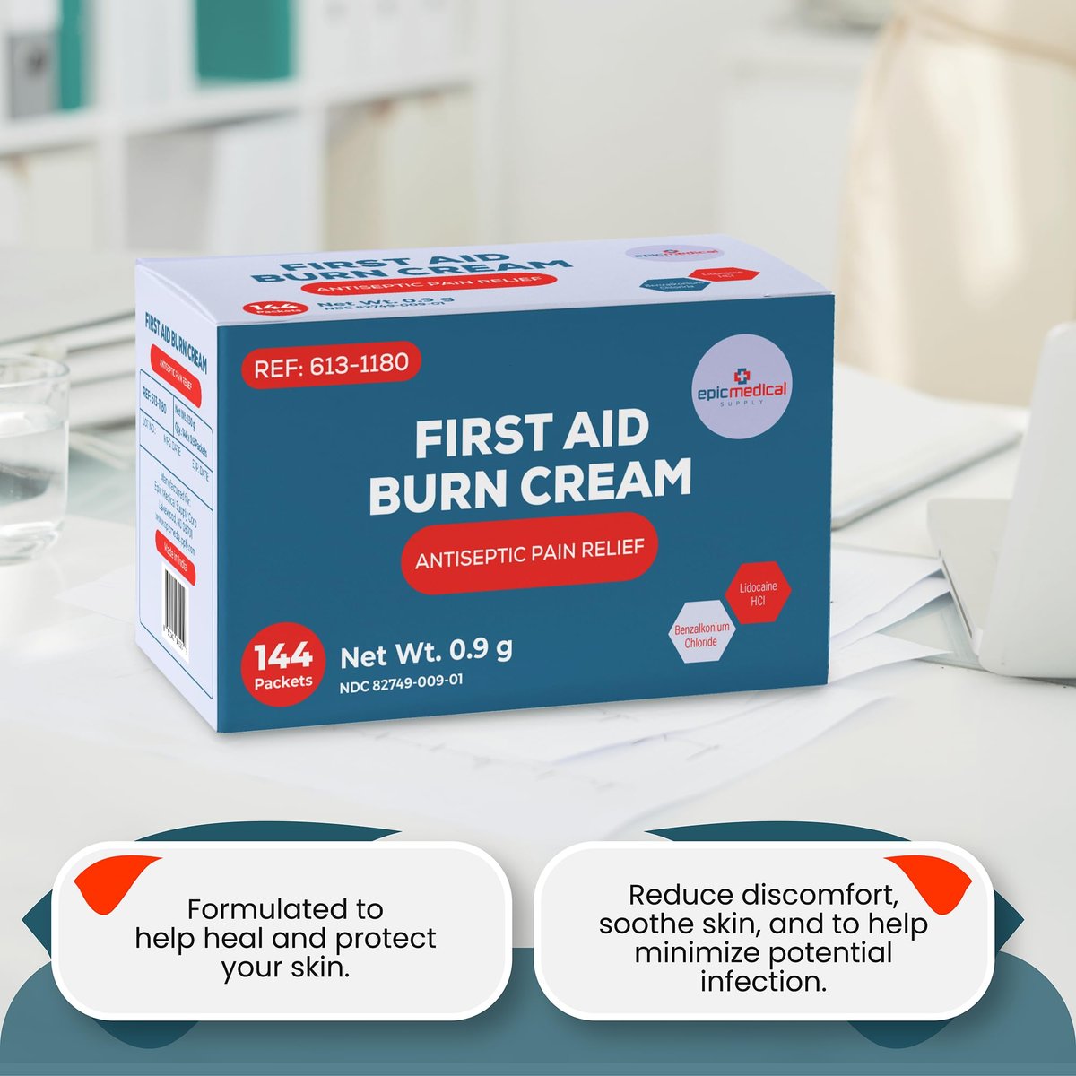 Erste-Hilfe-Brandcreme-Päckchen, Box mit 144, Brandsalbe mit Lidocain und Benzalkoniumchlorid für kleine Schürfwunden, Schnitte und Hautreizungen, für Zuhause und medizinische Hautpflege
