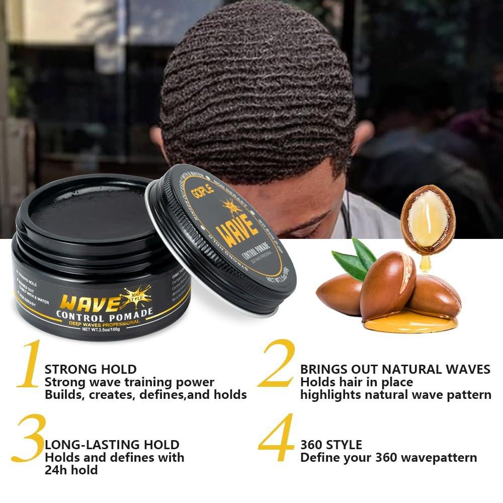 Wave Pomade für Männer – Starker Halt, einfaches Auswaschen, 360 Wellen-Training Haarcreme, Wellen Pomade für Männer fördert geschichtete Wellen, Feuchtigkeit, seidiger Glanz, Wellen Pomade mit Wellenbürste, Seiden-Durag, Wellenhaube Set (Blau)
