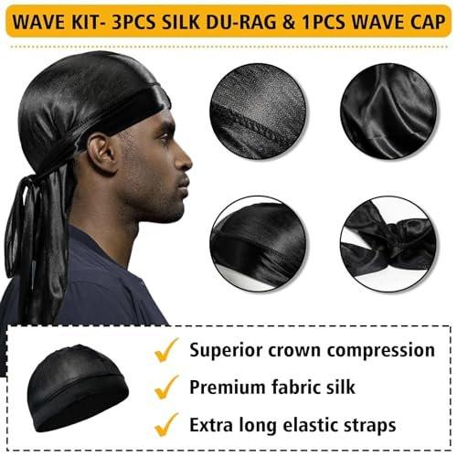 Wave Pomade für Männer – Starker Halt, einfaches Auswaschen, 360 Wellen-Training Haarcreme, Wellen Pomade für Männer fördert geschichtete Wellen, Feuchtigkeit, seidiger Glanz, Wellen Pomade mit Wellenbürste, Seiden-Durag, Wellenhaube Set (Blau)