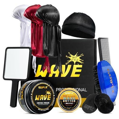 Wave Pomade für Männer – Starker Halt, einfaches Auswaschen, 360 Wellen-Training Haarcreme, Wellen Pomade für Männer fördert geschichtete Wellen, Feuchtigkeit, seidiger Glanz, Wellen Pomade mit Wellenbürste, Seiden-Durag, Wellenhaube Set (Blau)