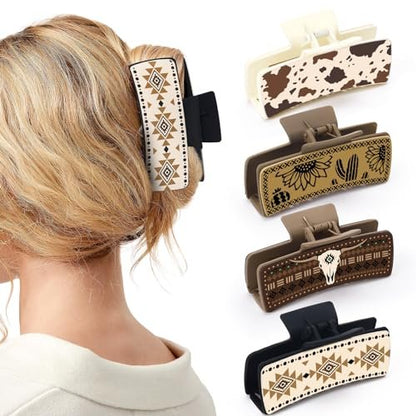Yussti Haarspangen aus Leder-Optik mit Sonnenblumen- und Western-Motiven – 4er-Pack für Cowgirl-Style