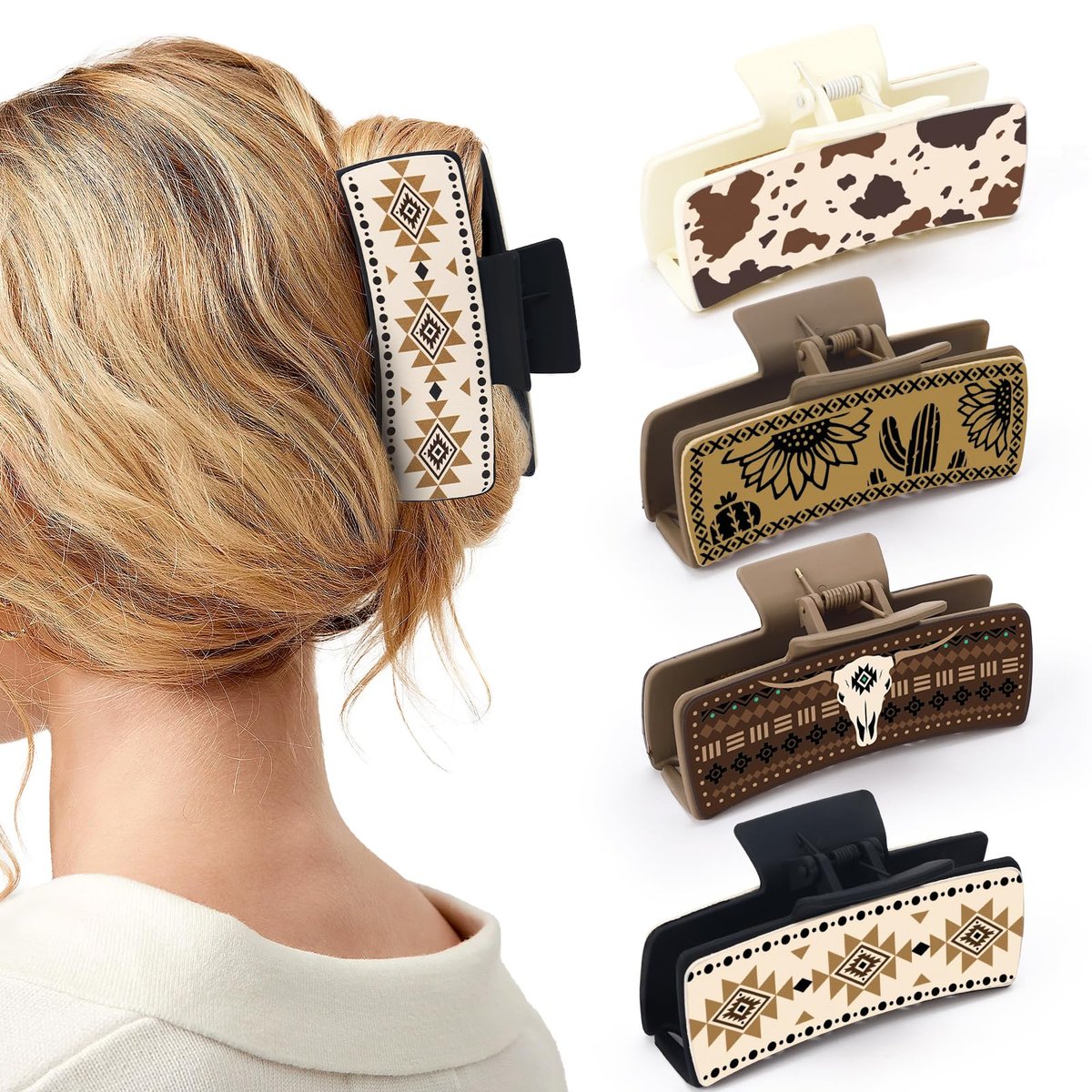 Yussti Haarspangen aus Leder-Optik mit Sonnenblumen- und Western-Motiven – 4er-Pack für Cowgirl-Style