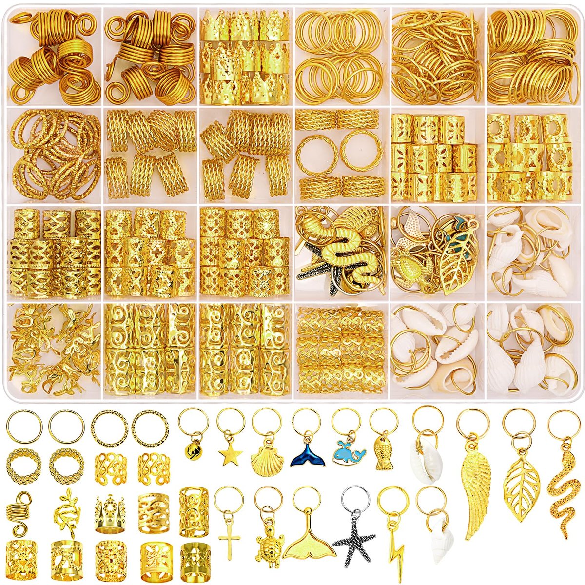 Lucomb 314-teiliger Haarschmuck für Frauen – Goldene Aluminium-Haarcharms für Dreadlocks, Zöpfe und Braids mit Ringen und Manschetten