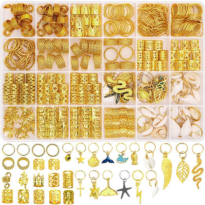 Lucomb 314-teiliger Haarschmuck für Frauen – Goldene Aluminium-Haarcharms für Dreadlocks, Zöpfe und Braids mit Ringen und Manschetten
