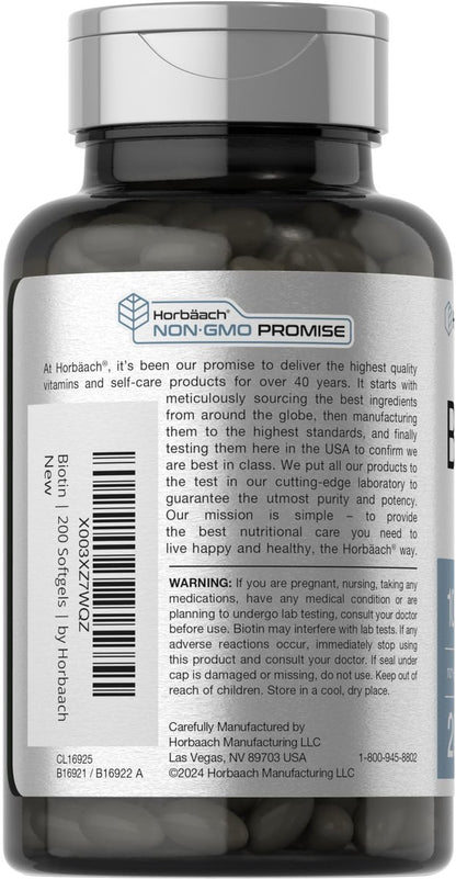 Horbaach Biotin 10000 mcg | 200 Softgels mit Vitamin B7 | Schönheitsformel | Non-GMO & Glutenfrei