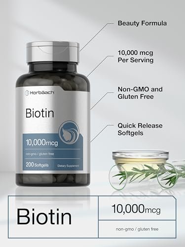Horbaach Biotin 10000 mcg | 200 Softgels mit Vitamin B7 | Schönheitsformel | Non-GMO & Glutenfrei