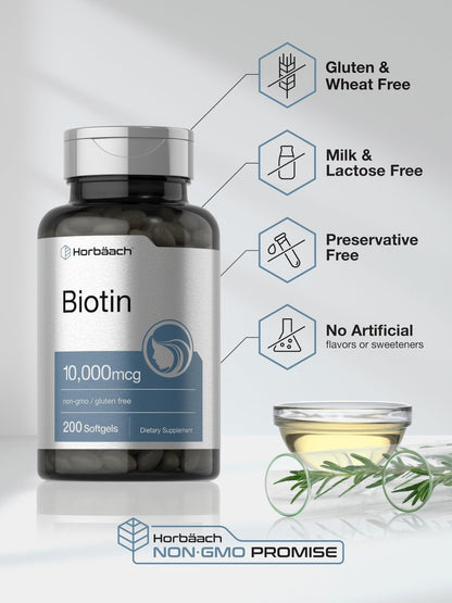 Horbaach Biotin 10000 mcg | 200 Softgels mit Vitamin B7 | Schönheitsformel | Non-GMO & Glutenfrei