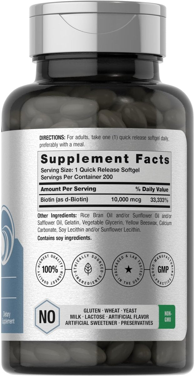 Horbaach Biotin 10000 mcg | 200 Softgels mit Vitamin B7 | Schönheitsformel | Non-GMO & Glutenfrei